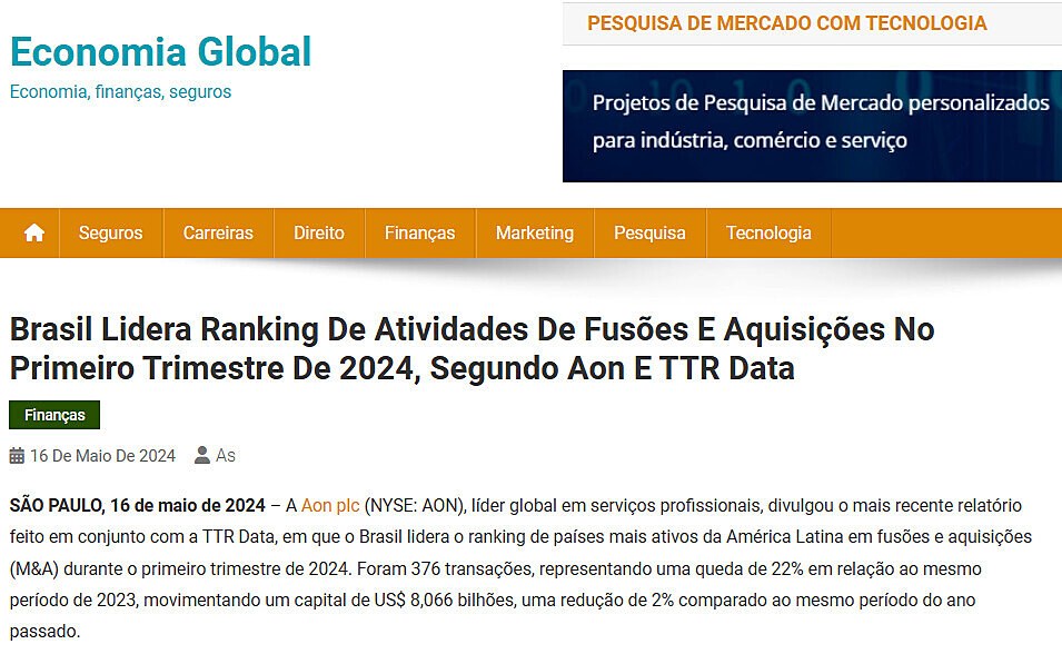 Brasil Lidera Ranking De Atividades De Fuses E Aquisies No Primeiro Trimestre De 2024, Segundo Aon E TTR Data